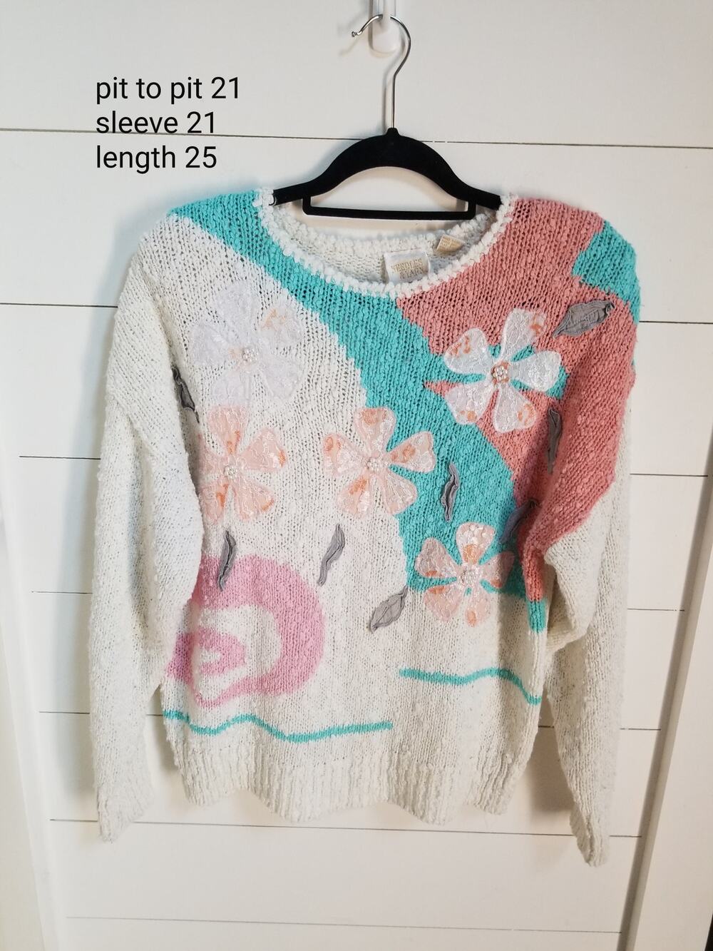 Vintage 80s 90s Needles & Yarn Sweater Womens Size L Teal Pink Floral 3D